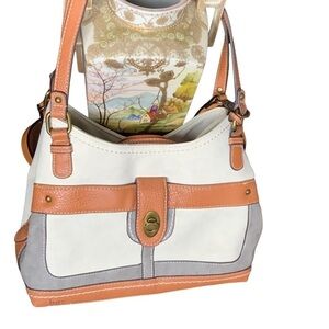 BOC- brown/grey and cream colored shoulder bag. Leather straps. 3 sections.